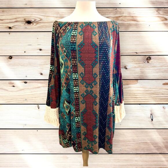 Stretchy Boho Bell Sleeve Fringe Western Southwestern Off Shoulder Sexy Dress XL - Picture 4 of 9